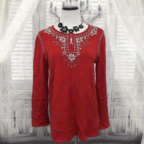 Quacker Factory Small Red Pearls Sweater Sequin Zip Embellished Long Sleeve - Picture 1 of 9
